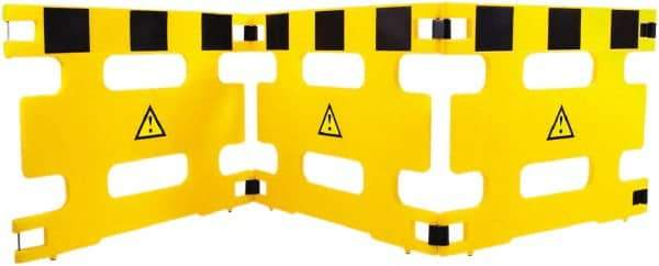 Made in USA - 36" High Folding Barricade - Plastic, Black & Yellow - Industrial Tool & Supply