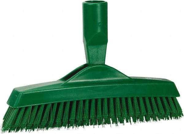 Vikan - 1.6" Bristle Length, Polyester Utility Scrub Brush - 9" Long x 1-1/2" Wide Head, 9-1/4" OAL, European Threaded Handle, Green, Polypropylene Block - Industrial Tool & Supply
