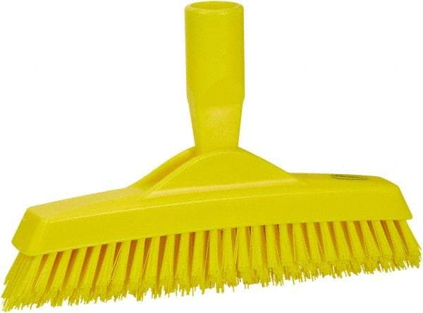 Vikan - 1.6" Bristle Length, Polyester Utility Scrub Brush - 9" Long x 1-1/2" Wide Head, 9-1/4" OAL, European Threaded Handle, Yellow, Polypropylene Block - Industrial Tool & Supply