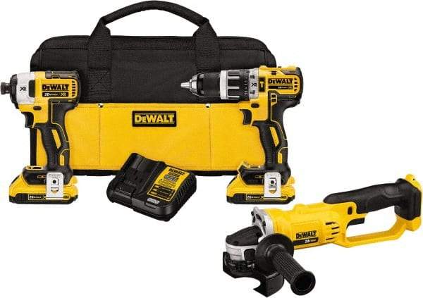 DeWALT - 20 Volt Cordless Tool Combination Kit - Includes Brushless Compact Hammer Drill, Impact Driver, Angle Grinder & Cut-Off Tool, Lithium-Ion Battery Included - Industrial Tool & Supply