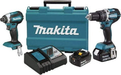 Makita - 18 Volt Cordless Tool Combination Kit - Includes 1/2" Hammer Drill & 1/4" Impact Driver, Lithium-Ion Battery Included - Industrial Tool & Supply