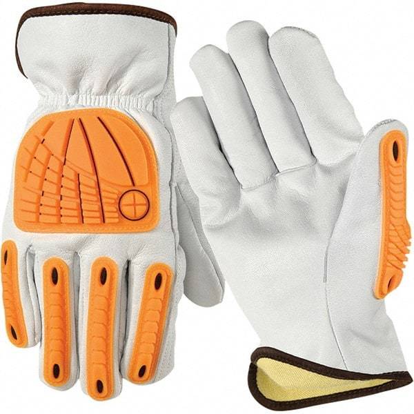 Wells Lamont - Size M Cut Resistant Work Gloves - For Work & Driver, Uncoated, Elastic Band Cuff, Full Fingered, White/Orange, Paired - Industrial Tool & Supply