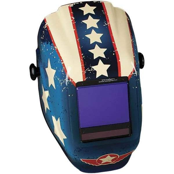 Jackson Safety - 3-1/4" Window Width x 4" Window Height, 5 to 8 & 9 to 13 Shade Auto-Darkening Lens, Fixed Front Welding Helmet with Digital Controls - Red/White/Blue Stars & Scars Design, Nylon - Industrial Tool & Supply