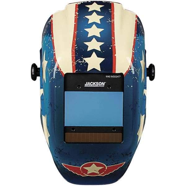Jackson Safety - 2.36" Window Width x 3.94" Window Height, 9 to 13 Shade Auto-Darkening Lens, Fixed Front Welding Helmet with Digital Controls - Red/White/Blue Stars & Scars Design, Nylon - Industrial Tool & Supply