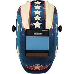 Jackson Safety - 2.36" Window Width x 3.94" Window Height, 9 to 13 Shade Auto-Darkening Lens, Fixed Front Welding Helmet with Digital Controls - Red/White/Blue Stars & Scars Design, Nylon - Industrial Tool & Supply