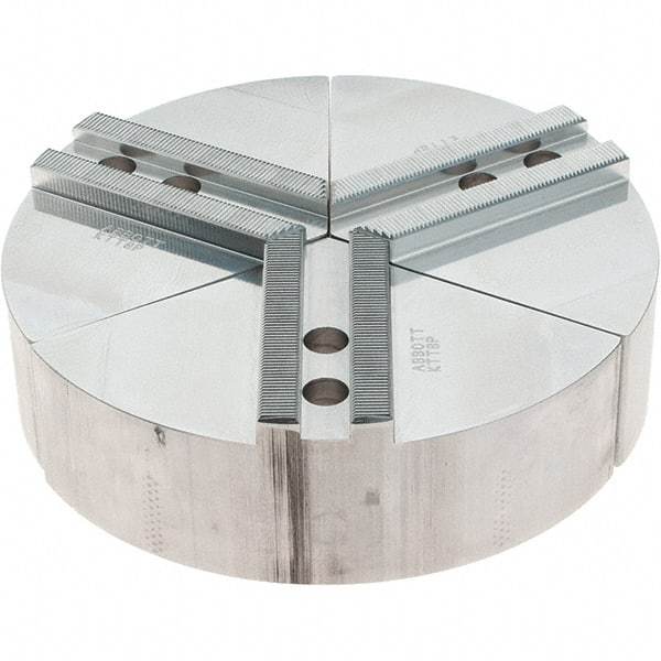 Abbott Workholding Products - 8" Max Chuck Capacity, 1.5mm x 60° Serrated Interface, Round Soft Lathe Chuck Jaw - 3 Jaw, Aluminum, 0.9843" Btw Mount Hole Ctrs, 8" Wide, 2" High, 12mm Fastener - Industrial Tool & Supply