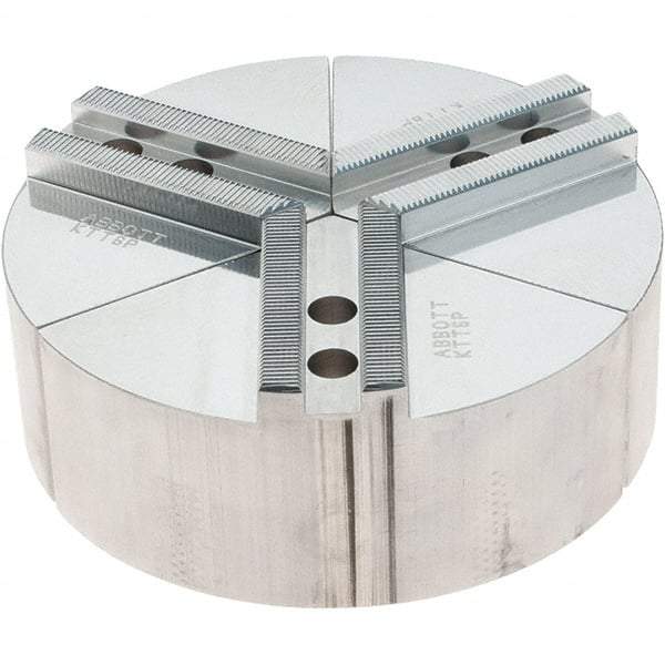 Abbott Workholding Products - 6" Max Chuck Capacity, 1.5mm x 60° Serrated Interface, Round Soft Lathe Chuck Jaw - 3 Jaw, Aluminum, 0.7874" Btw Mount Hole Ctrs, 6" Wide, 2" High, 10mm Fastener - Industrial Tool & Supply