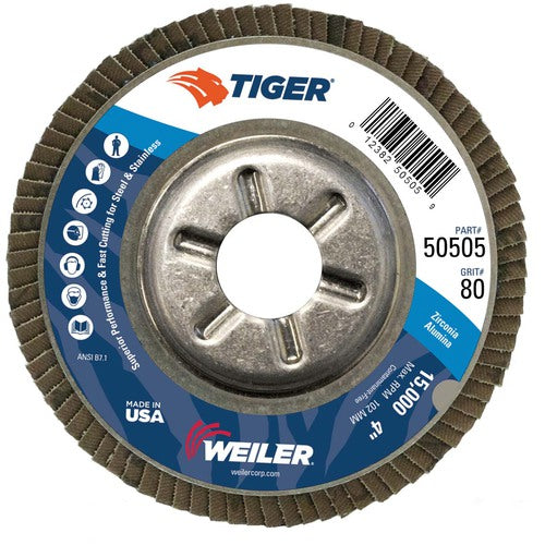 4″ Tiger Disc Abrasive Flap Disc, Angled, Alum. Backing, 80Z, 5/8″ Arbor Hole - Industrial Tool & Supply