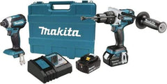 Makita - 18 Volt Cordless Tool Combination Kit - Includes 1/2" Hammer Drill & 1/4" Impact Driver, Lithium-Ion Battery Included - Industrial Tool & Supply