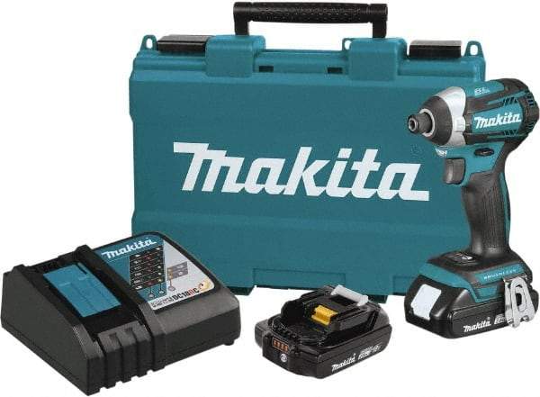 Makita - 18 Volt, 1/4" Drive, 20 Ft/Lb Torque, Cordless Impact Driver - Pistol Grip Handle, 3600 RPM, 2 Lithium-Ion Batteries Included - Industrial Tool & Supply