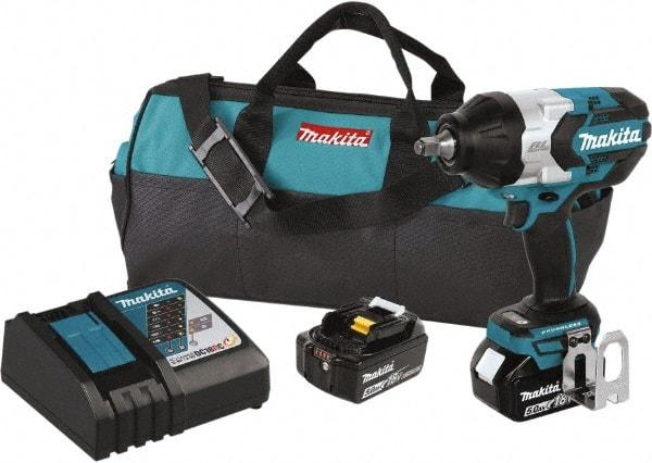 Makita - 1/2" Drive 18 Volt Pistol Grip Cordless Impact Wrench & Ratchet - 1,850 RPM, 750 Ft/Lb Torque, 2 Lithium-Ion Batteries Included - Industrial Tool & Supply
