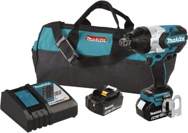 Makita - 3/4" Drive 18 Volt Pistol Grip Cordless Impact Wrench & Ratchet - 1,850 RPM, 780 Ft/Lb Torque, 2 Lithium-Ion Batteries Included - Industrial Tool & Supply