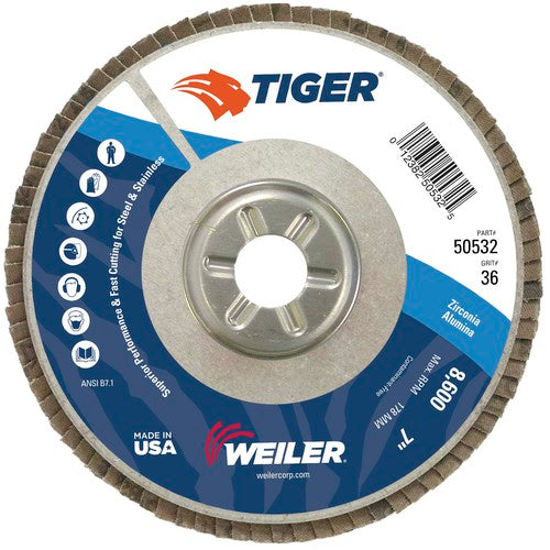 7″ Tiger Disc Abrasive Flap Disc, Angled, Alum. Backing, 36Z, 7/8″ Arbor Hole - Industrial Tool & Supply