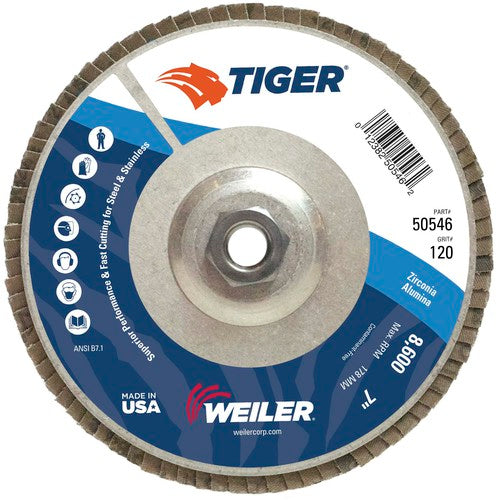 7″ Tiger Disc Abrasive Flap Disc, Angled, Alum. Backing, 120Z, 5/8″-11 UNC Nut - Industrial Tool & Supply