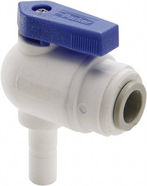 Parker - 3/8 x 3/8" Pipe, Full Port, Polypropylene Valve Tube Elbow Union Ball Valve - Bi-Directional, Tube OD x Stem OD Ends, Wedge Handle, 150 WOG - Industrial Tool & Supply