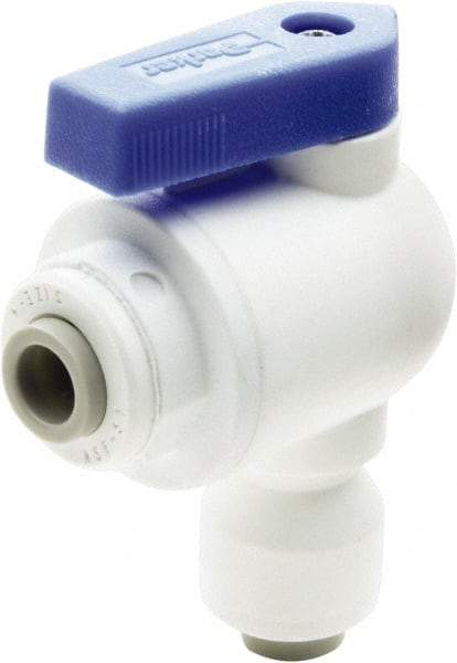 Parker - 1/4" Pipe, Full Port, Polypropylene Valve Elbow Union Ball Valve - Bi-Directional, Push-to-Connect x Push-to-Connect Ends, Wedge Handle, 150 WOG - Industrial Tool & Supply