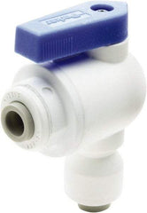 Parker - 1/4 x 3/8" Pipe, Full Port, Polypropylene Valve Elbow Union Ball Valve - Bi-Directional, Push-to-Connect x Push-to-Connect Ends, Wedge Handle, 150 WOG - Industrial Tool & Supply