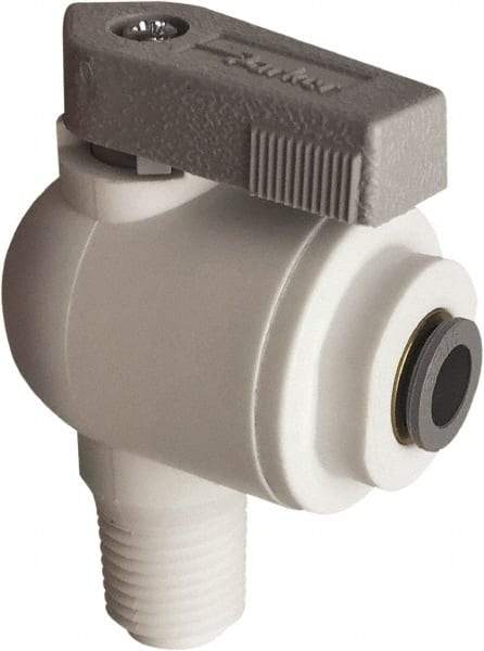 Parker - 1/4" Pipe, Full Port, Polypropylene Valve Male Elbow Ball Valve - Bi-Directional, MNPT x Push-to-Connect Ends, Wedge Handle, 150 WOG - Industrial Tool & Supply