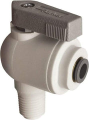 Parker - 1/8" Pipe, Full Port, Polypropylene Valve Male Elbow Ball Valve - Bi-Directional, MNPT x Push-to-Connect Ends, Wedge Handle, 150 WOG - Industrial Tool & Supply