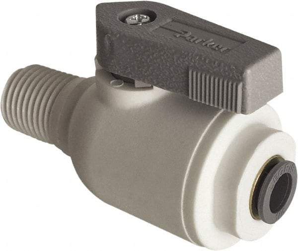 Parker - 1/4" Pipe, Full Port, Polypropylene Valve Male Connector Ball Valve - Bi-Directional, MNPT x Push-to-Connect Ends, Wedge Handle, 150 WOG - Industrial Tool & Supply