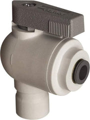 Parker - 3/8 x 1/4" Pipe, Full Port, Polypropylene Valve Elbow Union Ball Valve - Bi-Directional, Push-to-Connect x Push-to-Connect Ends, Wedge Handle, 150 WOG - Industrial Tool & Supply