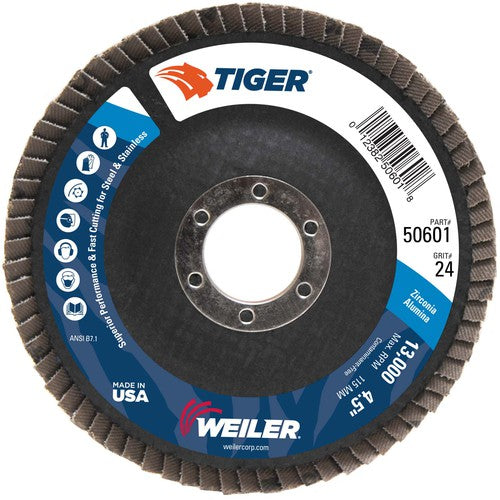 4-1/2″ Tiger Disc Abrasive Flap Disc, Angled, Phenolic Backing, 24Z, 7/8″ Arbor Hole - Industrial Tool & Supply