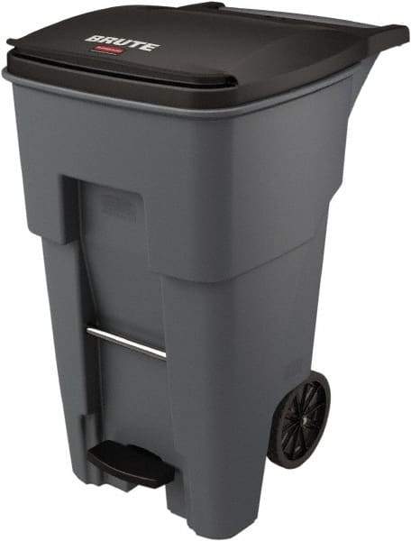 Rubbermaid - 65 Gal Gray Rectangle Trash Can - Plastic, None Graphic, 44.74" High x 25.33" Wide, Lid Included - Industrial Tool & Supply