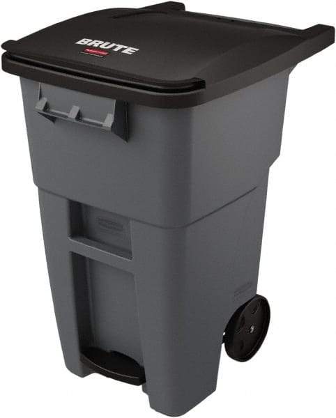 Rubbermaid - 50 Gal Gray Rectangle Trash Can - Plastic, None Graphic, 39.58" High x 24" Wide, Lid Included - Industrial Tool & Supply