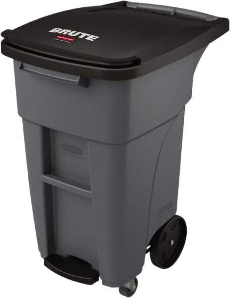 Rubbermaid - 32 Gal Gray Rectangle Trash Can - Plastic, None Graphic, 37.16" High x 20.62" Wide, Lid Included - Industrial Tool & Supply