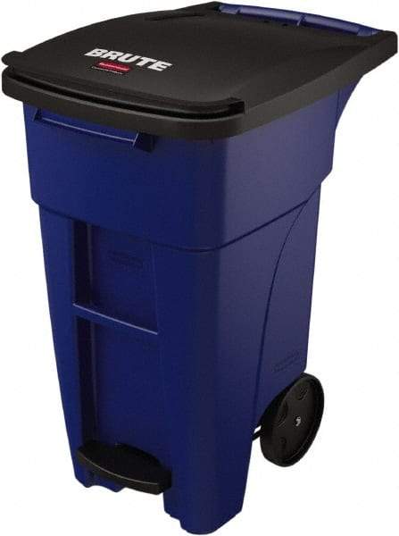 Rubbermaid - 32 Gal Blue Rectangle Trash Can - Plastic, None Graphic, 37.16" High x 20.62" Wide, Lid Included - Industrial Tool & Supply