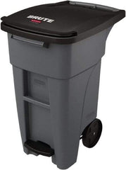 Rubbermaid - 32 Gal Gray Rectangle Trash Can - Plastic, None Graphic, 37.16" High x 20.62" Wide, Lid Included - Industrial Tool & Supply