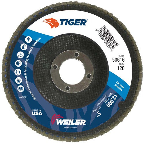 5″ Tiger Disc Abrasive Flap Disc, Angled, Phenolic Backing, 120Z, 7/8″ Arbor Hole - Industrial Tool & Supply
