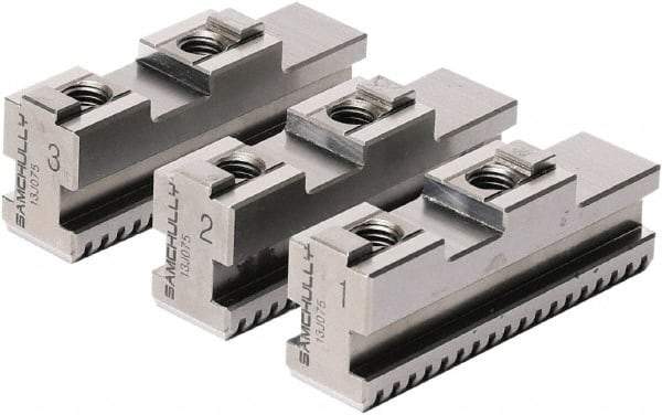 Samchully - 260mm Max Chuck Capacity, Tongue & Groove Interface, Square Soft Lathe Chuck Jaw - 3 Jaw, Steel, 40mm Btw Mount Hole Ctrs, 125mm Long, 30mm Wide, 55mm High, 12mm Groove, M12mm Fastener - Industrial Tool & Supply