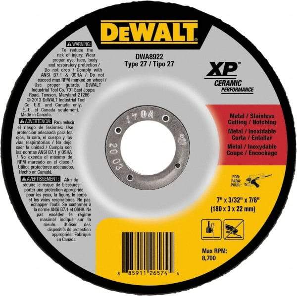 DeWALT - 24 Grit, 7" Wheel Diam, 7/8" Arbor Hole, Type 27 Depressed Center Wheel - Coarse/Medium Grade, Ceramic, N Hardness, 8,700 Max RPM - Industrial Tool & Supply