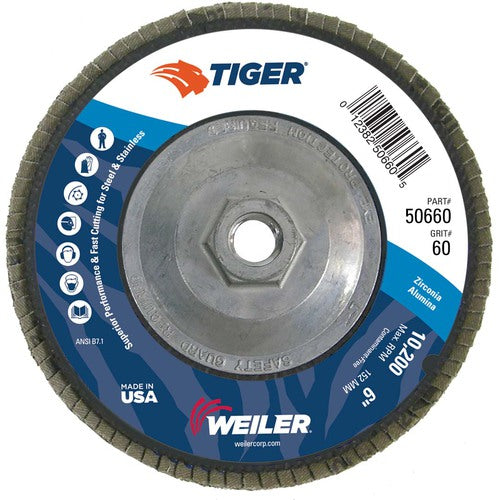 6″ Tiger Disc Abrasive Flap Disc, Angled, Phenolic Backing, 60Z, 5/8″-11 UNC Nut - Industrial Tool & Supply