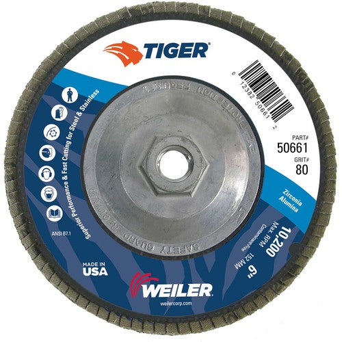6″ Tiger Disc Abrasive Flap Disc, Angled, Phenolic Backing, 80Z, 5/8″-11 UNC Nut - Industrial Tool & Supply
