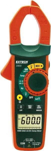 Extech - EX655, CAT III, Digital True RMS Auto Ranging Clamp Meter with 1.18" Clamp On Jaws - 750 VAC, 1000 VDC, 600 AC/DC Amps, Measures Voltage, Capacitance, Current, Frequency, Resistance, Temperature - Industrial Tool & Supply