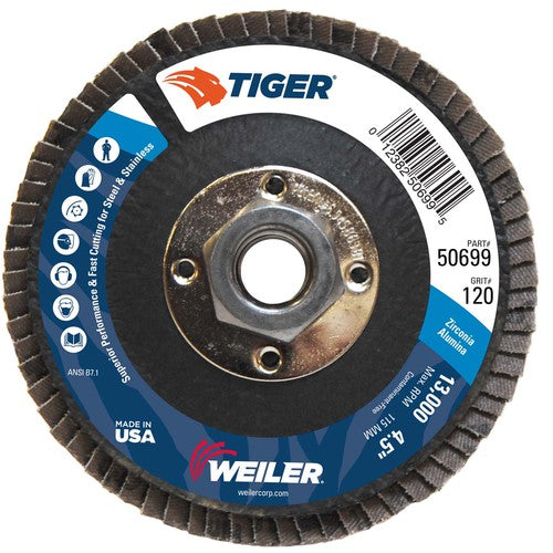 4-1/2″ Tiger Disc Abrasive Flap Disc, Flat, Phenolic Backing, 120Z, 5/8″-11 UNC Nut - Industrial Tool & Supply