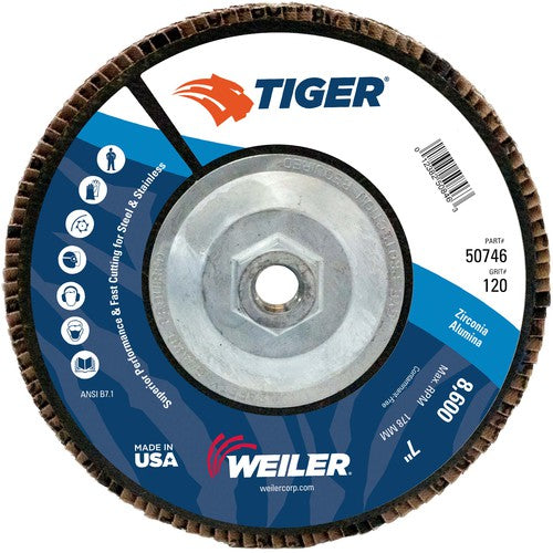 7″ Tiger Disc Abrasive Flap Disc, Flat, Phenolic Backing, 120Z, 5/8″-11 UNC Nut - Industrial Tool & Supply