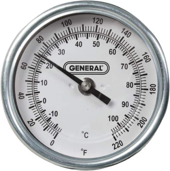 General - 36 Inch Long Stem, 3 Inch Dial Diameter, Back Connected Bi-Metal Thermometer - 220°Fahrenheit - Industrial Tool & Supply