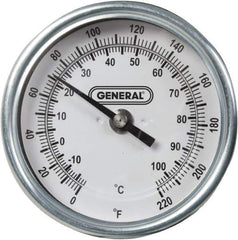 General - 36 Inch Long Stem, 3 Inch Dial Diameter, Back Connected Bi-Metal Thermometer - 220°Fahrenheit - Industrial Tool & Supply