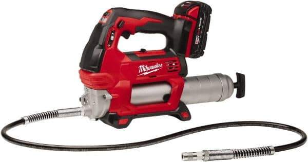 Milwaukee Tool - 10,000 Max psi, Flexible Battery-Operated Grease Gun - 14 oz Capacity, 31 Strokes per oz, Includes Grease Gun, Gauge Hose Assembly, Coupler, 18 V Rechargeable Battery, 30-Minute Charger, Carrying Case & Carrying Strip - Industrial Tool & Supply