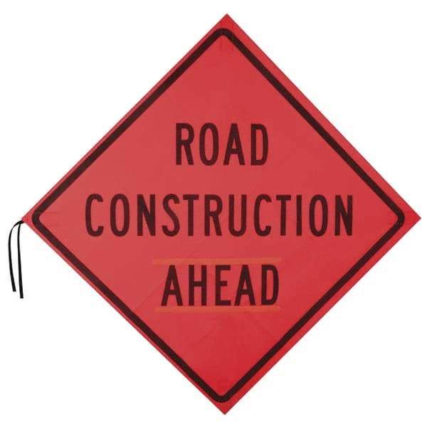 PRO-SAFE - "Road Construction Ahead", 48" Wide x 48" High, Nylon Construction Roadway Signs - Orange, Square, Sign Stand Mount - Industrial Tool & Supply
