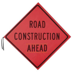 PRO-SAFE - "Road Construction Ahead", 48" Wide x 48" High, Nylon Construction Roadway Signs - Orange, Square, Sign Stand Mount - Industrial Tool & Supply