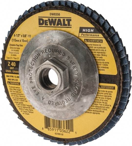 DeWALT - 40 Grit, 4-1/2" Disc Diam, 5/8-11 Center Hole, Type 27 Zirconia Alumina Flap Disc - 13,300 Max RPM, Fiberglass Backing, Arbor Attaching System, Coated - Industrial Tool & Supply