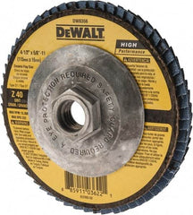 DeWALT - 40 Grit, 4-1/2" Disc Diam, 5/8-11 Center Hole, Type 27 Zirconia Alumina Flap Disc - 13,300 Max RPM, Fiberglass Backing, Arbor Attaching System, Coated - Industrial Tool & Supply