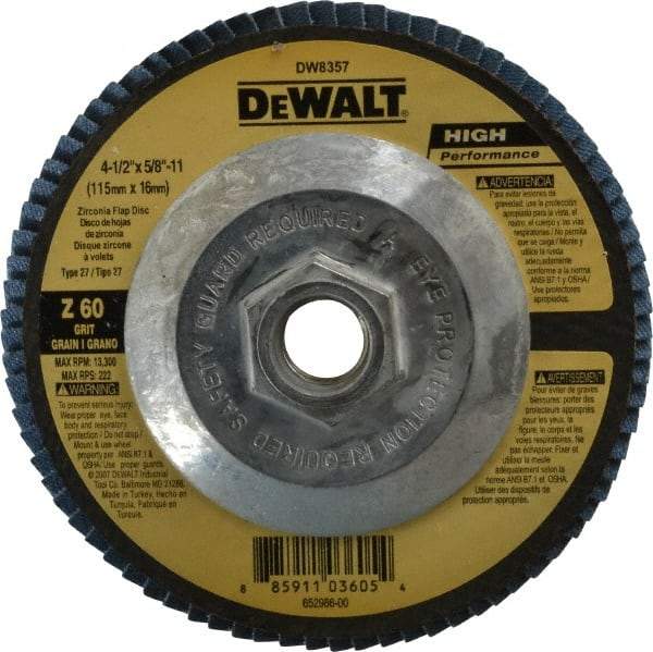 DeWALT - 60 Grit, 4-1/2" Disc Diam, 5/8-11 Center Hole, Type 27 Zirconia Alumina Flap Disc - 13,300 Max RPM, Fiberglass Backing, Arbor Attaching System, Coated - Industrial Tool & Supply