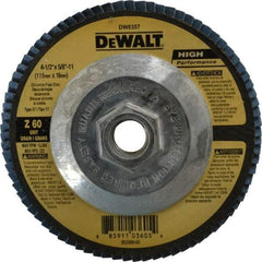 DeWALT - 60 Grit, 4-1/2" Disc Diam, 5/8-11 Center Hole, Type 27 Zirconia Alumina Flap Disc - 13,300 Max RPM, Fiberglass Backing, Arbor Attaching System, Coated - Industrial Tool & Supply