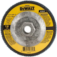 DeWALT - 80 Grit, 4-1/2" Disc Diam, 5/8-11 Center Hole, Type 27 Zirconia Alumina Flap Disc - 13,300 Max RPM, Fiberglass Backing, Arbor Attaching System, Coated - Industrial Tool & Supply
