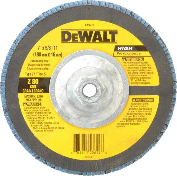 DeWALT - 80 Grit, 7" Disc Diam, 5/8-11 Center Hole, Type 27 Zirconia Alumina Flap Disc - 8,700 Max RPM, Fiberglass Backing, Arbor Attaching System, Coated - Industrial Tool & Supply